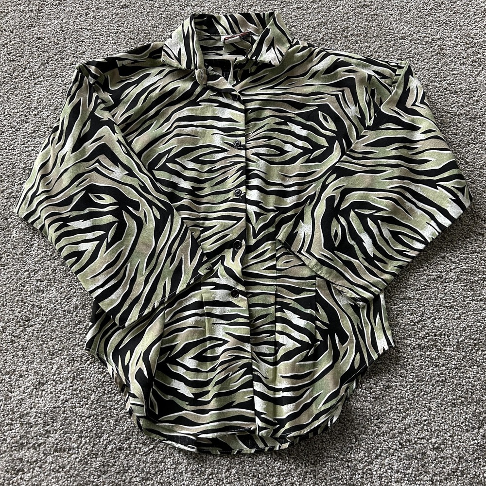 Vintage Rhapsody Shirt Womens M Green Black Animal Print Button Up Collared USA